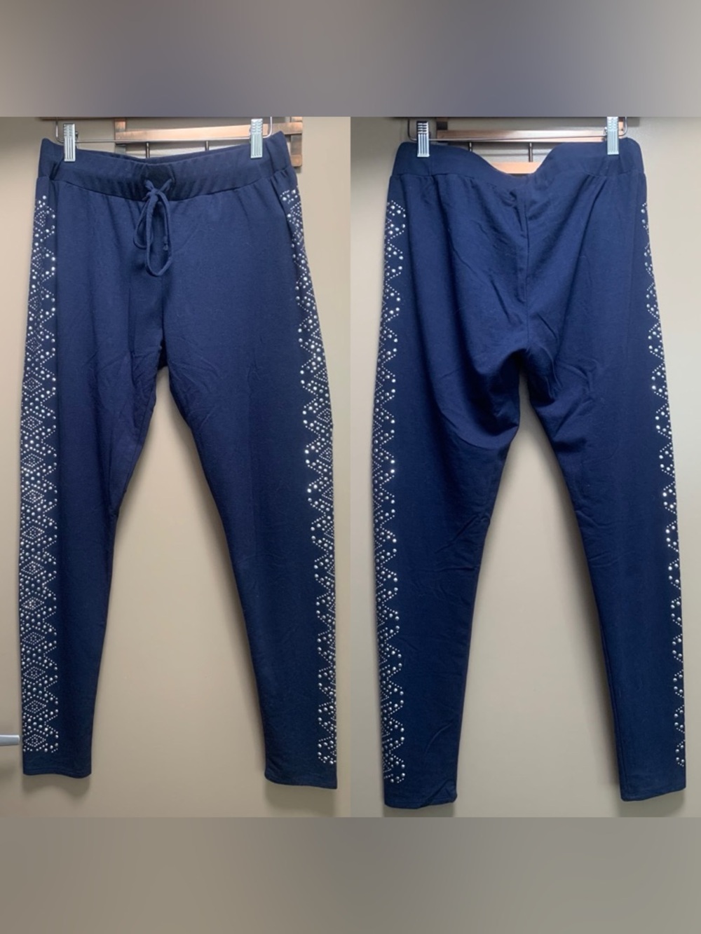 VENUS Navy Jogger Yoga Drawstring Pants Studded Geometric Side Detailing Size M